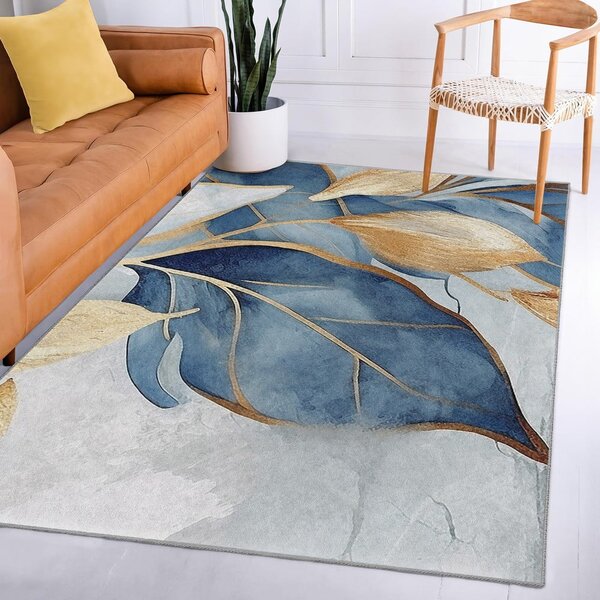 Kék-aranyszínű mosható szőnyeg 80x150 cm Golden Leaves – Mila Home