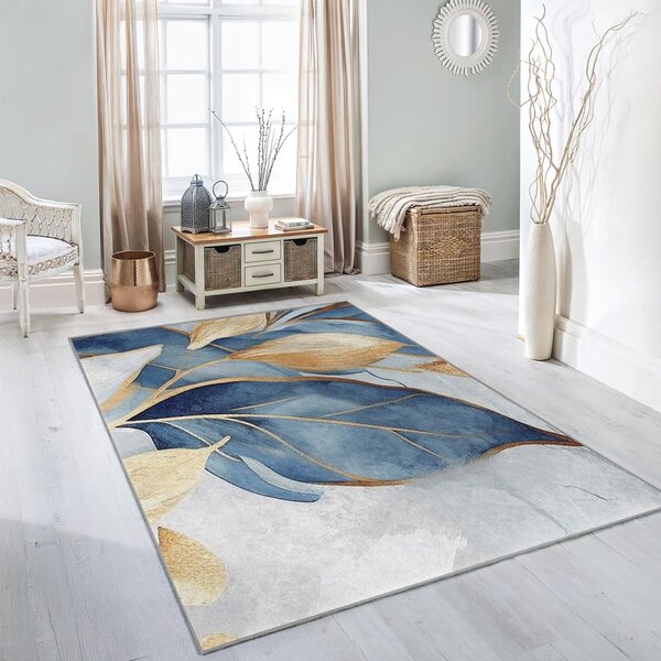 Kék-aranyszínű mosható szőnyeg 80x150 cm Golden Leaves – Mila Home