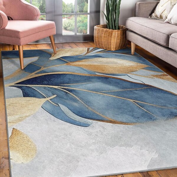 Kék-aranyszínű mosható szőnyeg 80x150 cm Golden Leaves – Mila Home