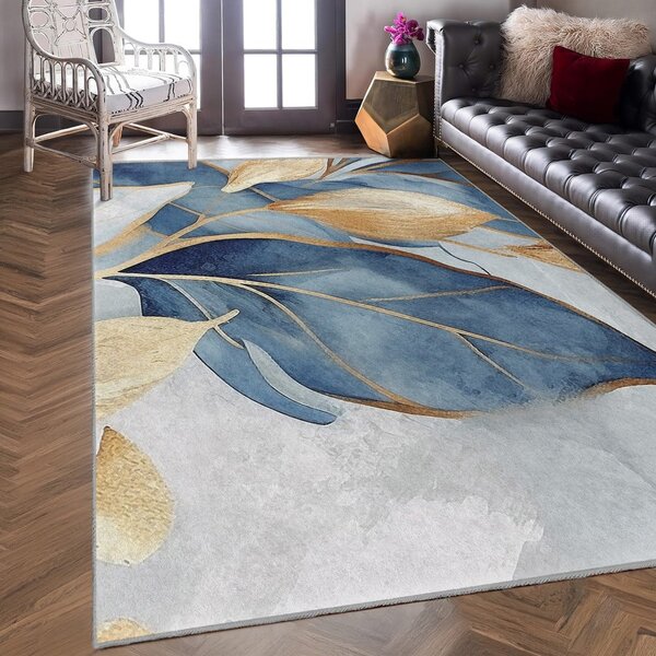 Kék-aranyszínű mosható szőnyeg 80x150 cm Golden Leaves – Mila Home