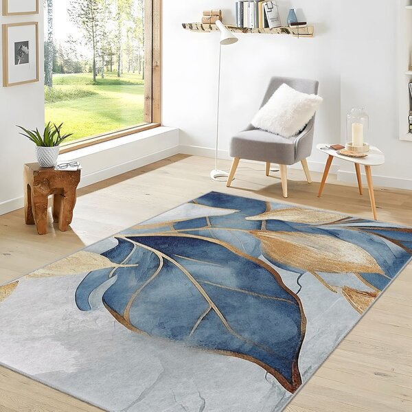 Kék-aranyszínű mosható szőnyeg 80x150 cm Golden Leaves – Mila Home