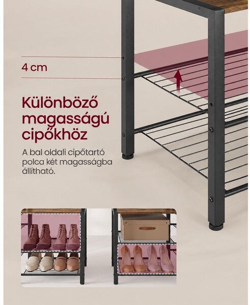 Előszobafal cipőpaddal, 9 akasztóval, 6 oldalsó kampóval és 5 tárolópolccal, 120 x 40 x 190 cm, rusztikus barna és tintafekete