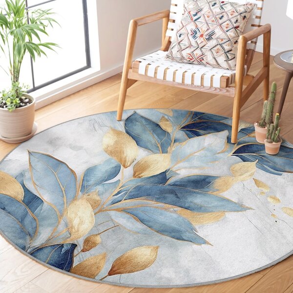 Kék-aranyszínű mosható kerek szőnyeg ø 80 cm Golden Leaves – Mila Home