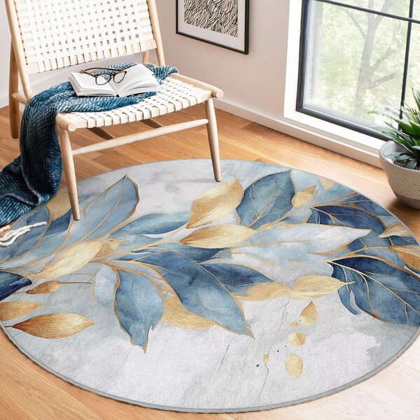 Kék-aranyszínű mosható kerek szőnyeg ø 80 cm Golden Leaves – Mila Home