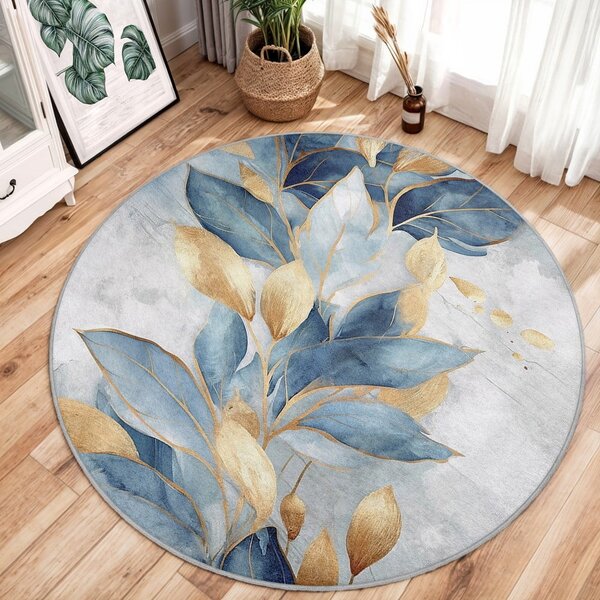 Kék-aranyszínű mosható kerek szőnyeg ø 80 cm Golden Leaves – Mila Home