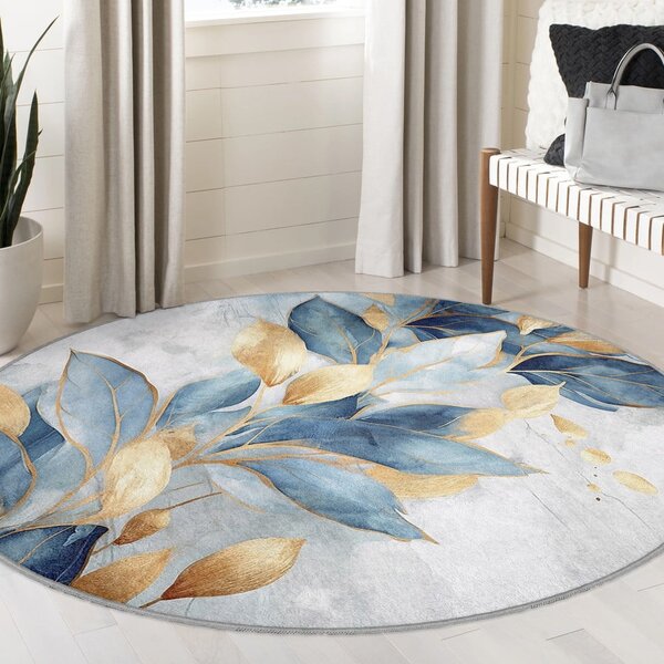 Kék-aranyszínű mosható kerek szőnyeg ø 80 cm Golden Leaves – Mila Home