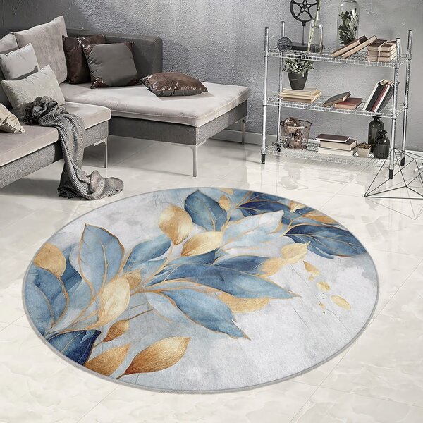 Kék-aranyszínű mosható kerek szőnyeg ø 80 cm Golden Leaves – Mila Home