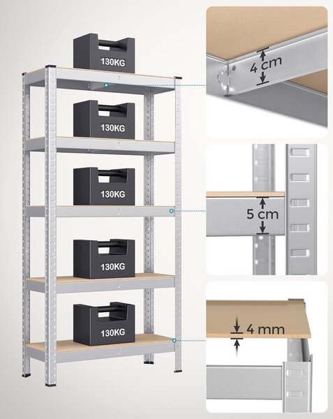 5 szintes polcrendszer, acél polcrendszer tároláshoz, csavarmentes összeszerelés, teherbírás 650 kg, 30 x 75 x 150 cm, ezüst