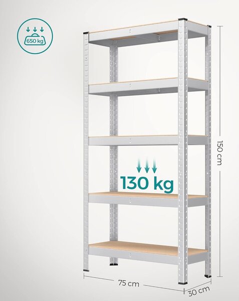 5 szintes polcrendszer, acél polcrendszer tároláshoz, csavarmentes összeszerelés, teherbírás 650 kg, 30 x 75 x 150 cm, ezüst