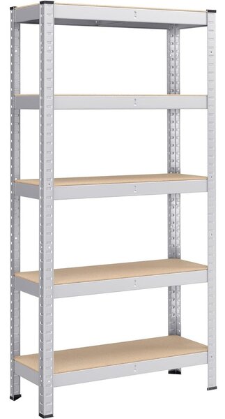 5 szintes polcrendszer, acél polcrendszer tároláshoz, csavarmentes összeszerelés, teherbírás 650 kg, 30 x 75 x 150 cm, ezüst