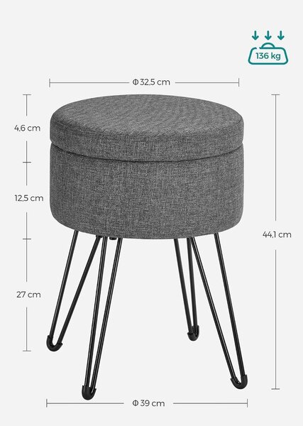 Kerek tárolós puff, 9 L tárolóhellyel, megfordítható fedéllel, Ø31 x 43 cm, palaszürke