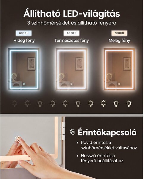 Sminkasztal LED világítással, tükörrel és 6 fiókkal, 97,5 x 40 x 145 cm, fehér