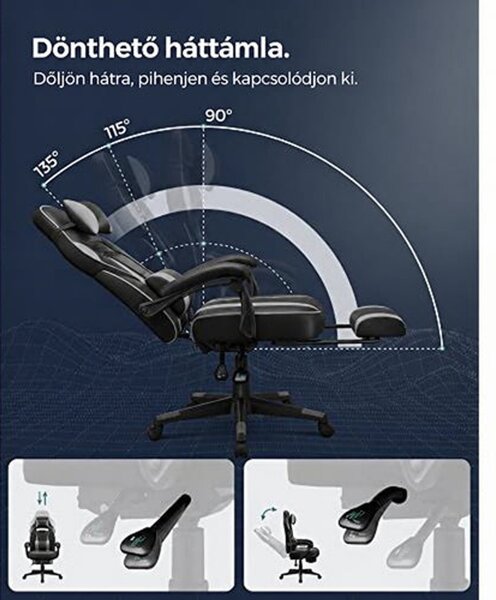 Ergonomikus irodai szék kihúzható lábtartóval, 90–135°-ban dönthető, 150 kg-ig, fekete-szürke