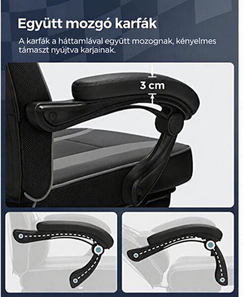 Ergonomikus irodai szék kihúzható lábtartóval, 90–135°-ban dönthető, 150 kg-ig, fekete-szürke