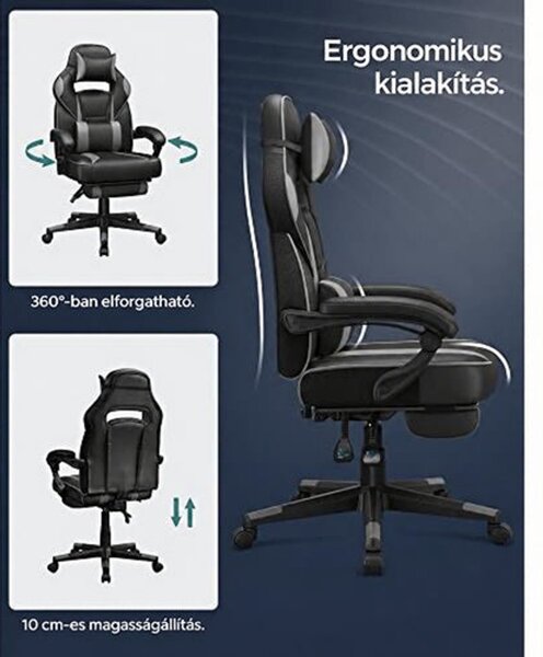 Ergonomikus irodai szék kihúzható lábtartóval, 90–135°-ban dönthető, 150 kg-ig, fekete-szürke