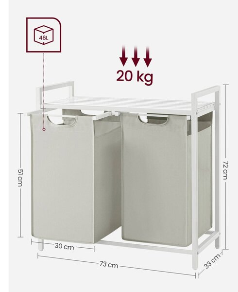 Szennyestartó, kihúzható és levehető ruhatartó zsákkal 2x46L, fehér