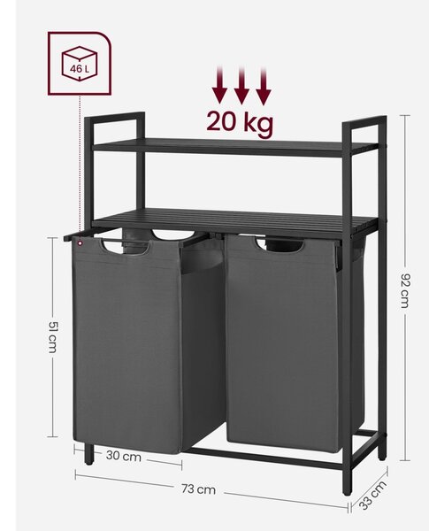 Szennyestartó, polccal kihúzható és levehető ruhatartó zsákkal 2x46L, fekete-szürke