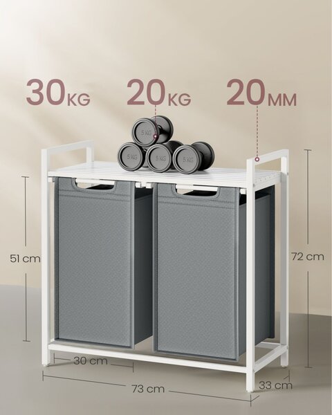 Szennyestartó, kihúzható és levehető ruhatartó zsákkal 2x46L, fehér-szürke