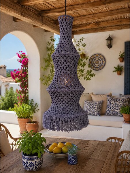 Mediterrán Ibiza makramé függőlámpa – sötétkék, nagy (30 × 80 cm)