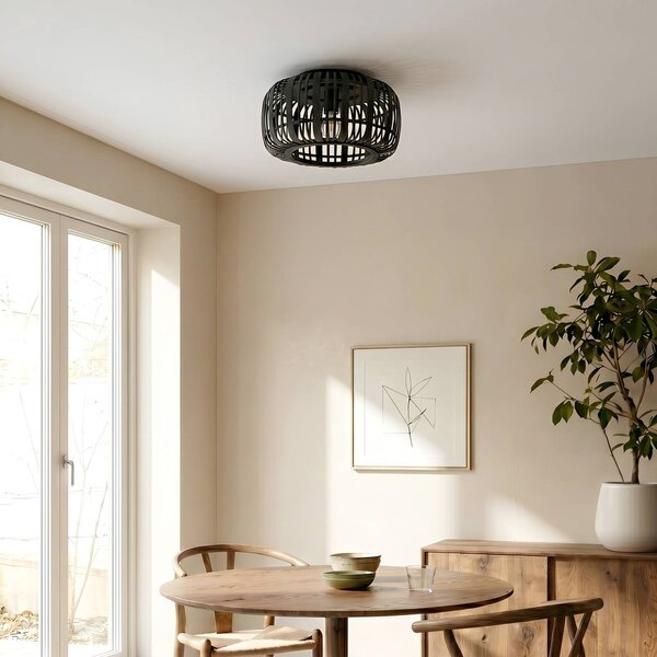 Lindby Canyana mennyezeti lámpa, fekete, rattan, Ø 40 cm, dimmelhető, Sötét fa, Nappali / Étkező, Fa, Vidéki otthon / Rusztikus