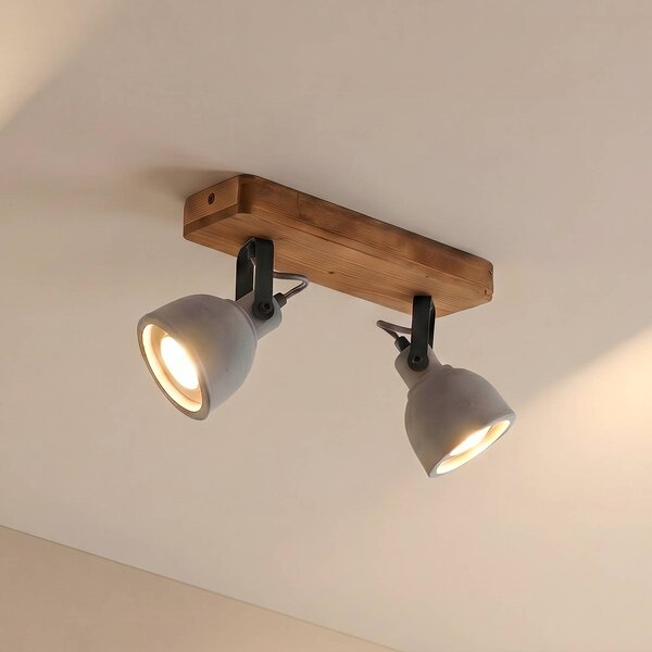 Lindby Spot Mitis, 30 cm, 2-lámpás, szürke, fa, beton, GU10, dimmelhető, Sötét fa, Nappali / Étkező, Beton, Indusztriális dizájn