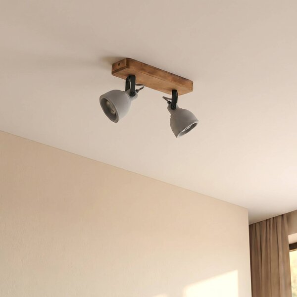 Lindby Spot Mitis, 30 cm, 2-lámpás, szürke, fa, beton, GU10, dimmelhető, Sötét fa, Nappali / Étkező, Beton, Indusztriális dizájn