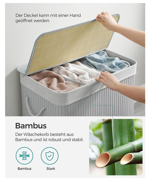 Bambusz kosár szennyestartó 3 rekeszes 3x50L, szürke