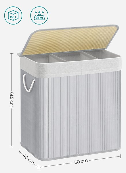 Bambusz kosár szennyestartó 3 rekeszes 3x50L, szürke