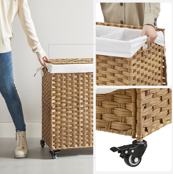 Kézzel fonott rattan stílusú szennyeskosár 3 rekesszel 140L, natúr