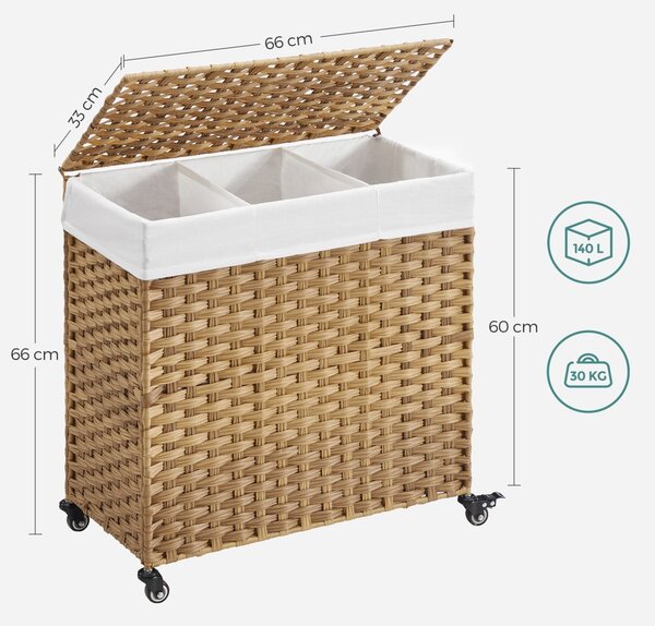 Kézzel fonott rattan stílusú szennyeskosár 3 rekesszel 140L, natúr