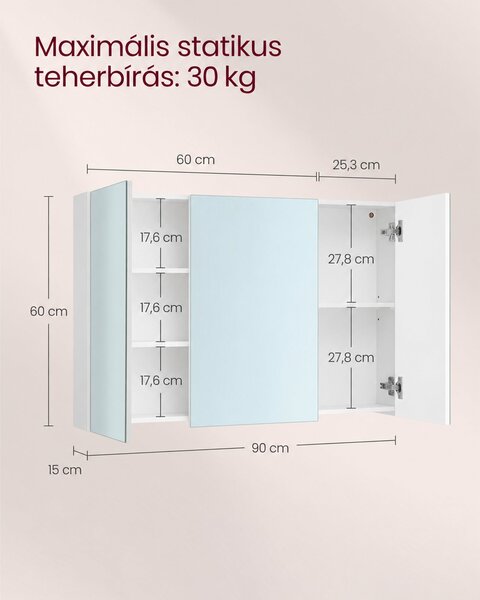 Fali szekrény tükörrel, 3 ajtós fürdőszobai tárolóegység, modern, fehér
