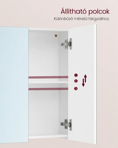 Fali szekrény tükörrel, 3 ajtós fürdőszobai tárolóegység, modern, fehér