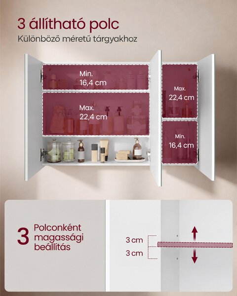 Fali szekrény tükörrel, 3 ajtós fürdőszobai tárolóegység, modern, fehér