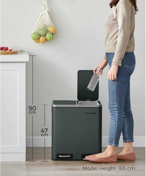 Konyhai szelektív szemetes kuka, 2 x 15L, pedálos, acél, 41x31x47cm, antracit