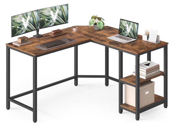VASAGLE L-alakú sarokíróasztal 120 x 130 x 76 cm 2 tárolópolccal rusztikus barna és fekete