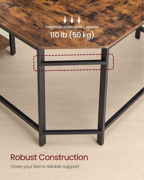 VASAGLE L-alakú sarokíróasztal 120 x 130 x 76 cm 2 tárolópolccal rusztikus barna és fekete