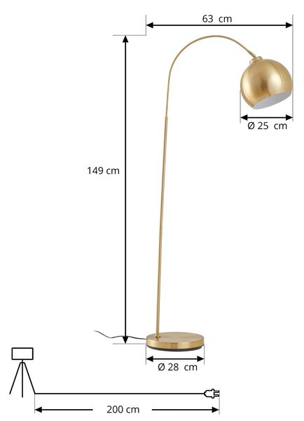 Lindby íves állólámpa Moisia, sárgaréz színű, fém, 148 cm, Sárgaréz / arany, Nappali / Étkező, fém, Modern