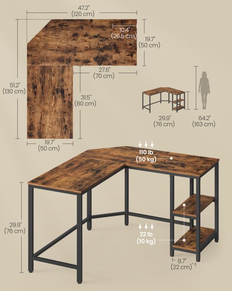 VASAGLE L-alakú sarokíróasztal 120 x 130 x 76 cm 2 tárolópolccal rusztikus barna és fekete