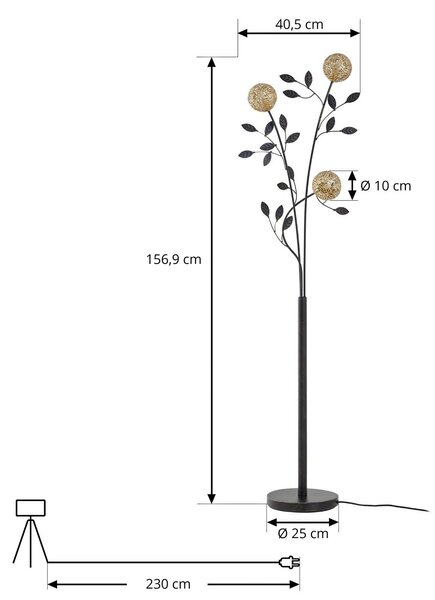 Lucande Evory állólámpa, 160 cm, 3 lámpás, fekete/arany, G9, Fekete, Nappali / Étkező, fém, Firenzei