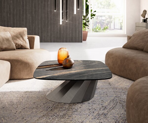 DELIFE Dohányzóasztal Edge hajóformájú 90x90 cm Laminam® kerámia Noir Desir barna Parabi metál ezüst