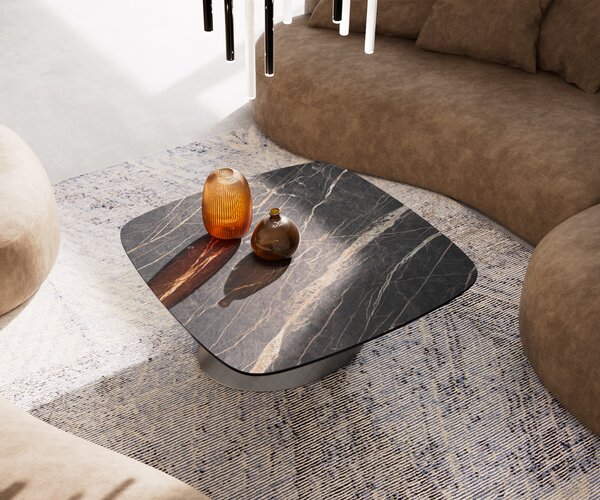DELIFE Dohányzóasztal Edge hajóformájú 90x90 cm Laminam® kerámia Noir Desir barna Conis metál ezüst