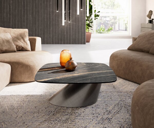DELIFE Dohányzóasztal Edge hajóformájú 90x90 cm Laminam® kerámia Noir Desir barna Conis metál ezüst