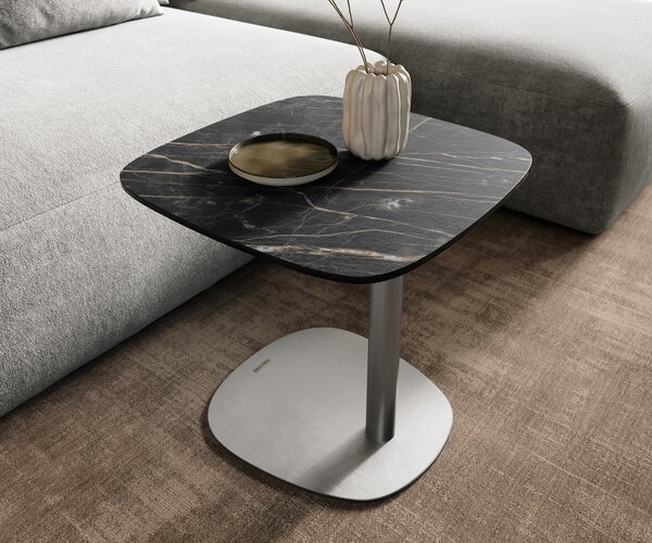 DELIFE Dohányzóasztal Edge hajóformájú 50x50 cm Laminam® kerámia Noir Desir barna Eleny rozsdamentes acél szálcsiszolt