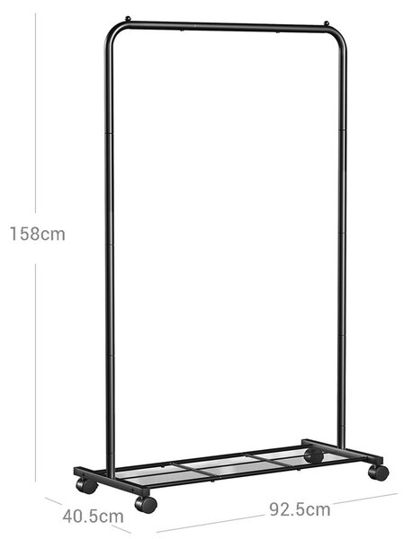 Fém ruhatartó kerekekkel, tárolópolccal, felső sín 40 kg-ig, fekete
