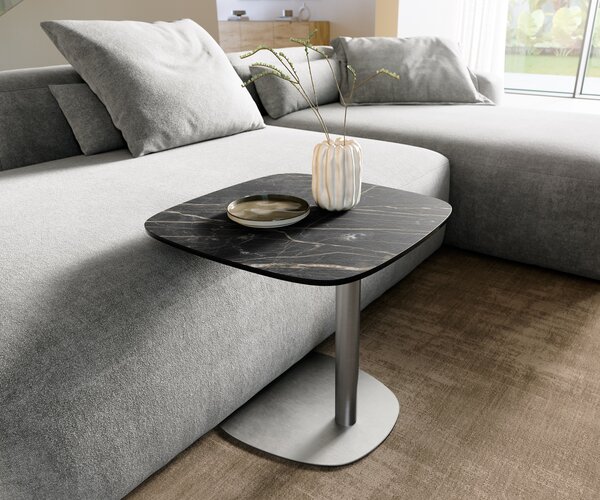 DELIFE Dohányzóasztal Edge hajóformájú 50x50 cm Laminam® kerámia Noir Desir barna Eleny rozsdamentes acél szálcsiszolt