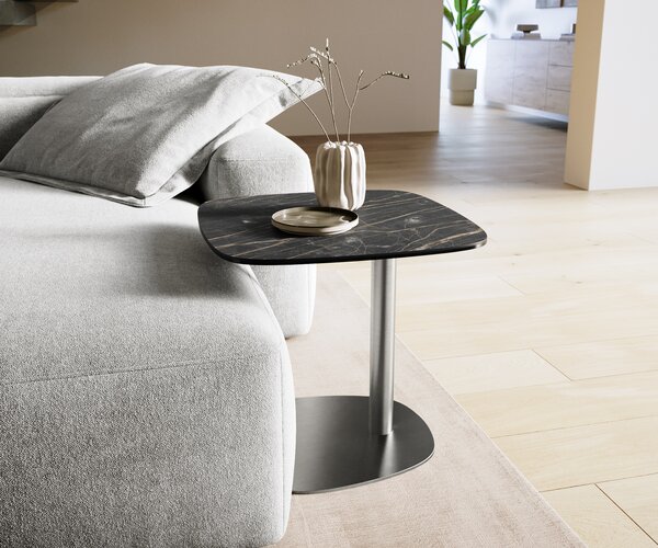 DELIFE Dohányzóasztal Edge hajóformájú 50x50 cm Laminam® kerámia Noir Desir barna Eleny rozsdamentes acél szálcsiszolt