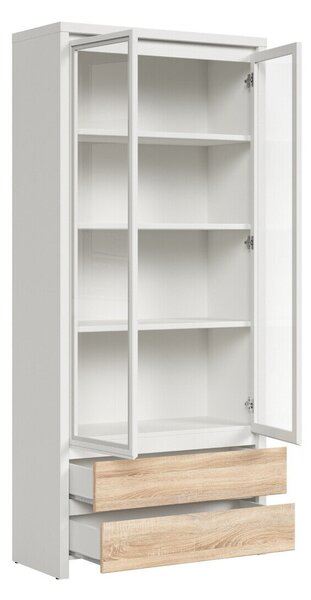 Könyvespolc Nolroma 113, Zárt, Fiókokkal, Ajtókkal, Edzett üveg, Laminált forgácslap, 201x90x41cm, Sonoma tölgy, Fehér