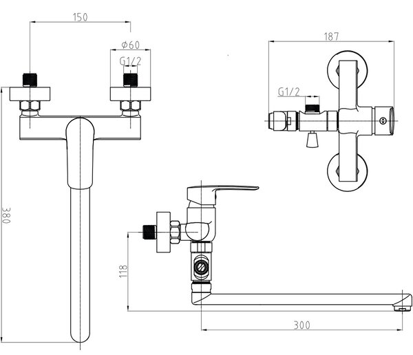 Mereo, Mereo Fali keverőpult lakásba, Pego, 150 mm, lapos karral 300 mm, tartozékok nélkül, MER-CB60204P
