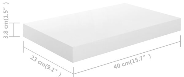 Magasfényű fehér MDF lebegő fali polc 40 x 23 x 3,8 cm (323742)