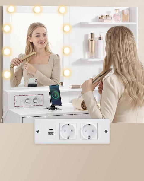 VASAGLE Kailyn LED-es sminkasztal 8 fiókkal és tükörrel, felhőfehér